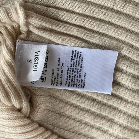 AllSaints Keld V-Neck Merino Wool Ribbed Sweater Color Almond  Marl Sz S - Picture 12 of 12